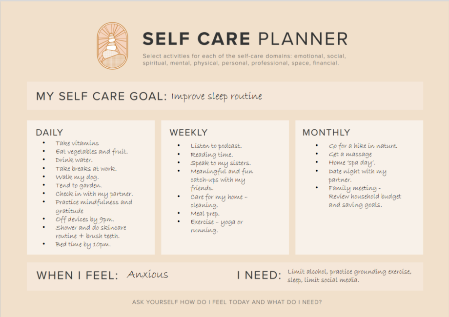 selfcare planner example